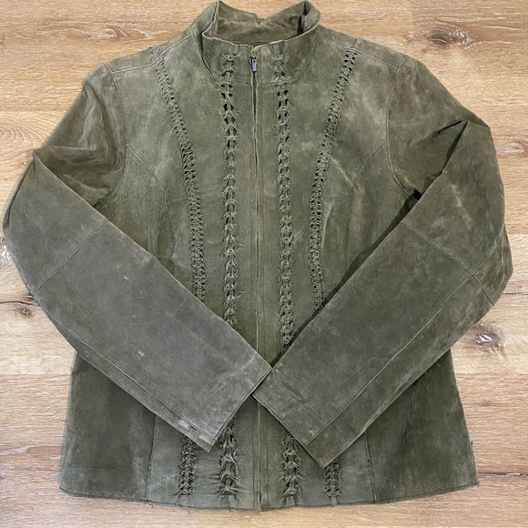 Women's Green Leather Boho Suede Jacket, Coldwater Creek Braided Leather Size M - Picture 1 of 12